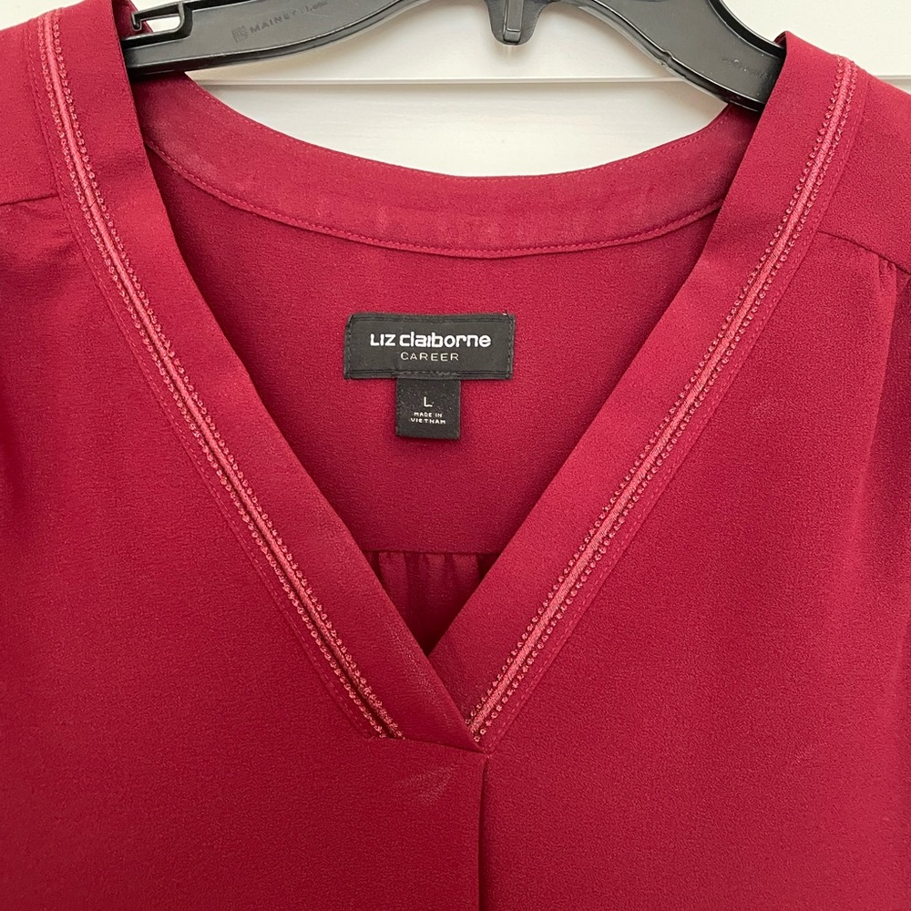 Liz Claiborne Career NWOT long sleeve vneck top blouse size Large- deep maroon - Picture 2 of 8